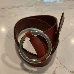 Michael Kors Brown Leather Belt with Gold Round Buckle M
